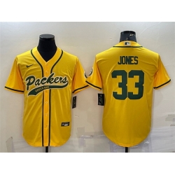 Men Green Bay Packers 33 Aaron Jones Gold With Patch Cool Base Stitched Baseball Jersey