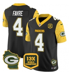 Men Green Bay Packers 4 Brett Favre Cheese Black 2024 F U S E  13 Time World Champions And Home Patch Vapor Untouchable Limited Stitched Football Jersey