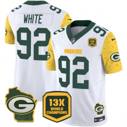 Men Green Bay Packers 92 Reggie White Cheese White 2024 F U S E  13 Time World Champions And Home Patch Vapor Untouchable Limited Stitched Football Jersey