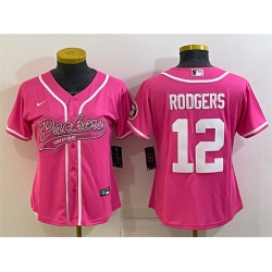 Women Green Bay Packers 12 Aaron Rodgers Pink With Patch Cool Base Stitched Baseball Jersey