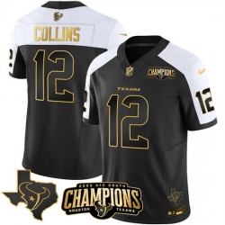 Men Houston Texans 12 Nico Collins Black White Golden 2023 F U S E  With AFC South Champions Patch And Team Logo Patch Limited Stitched Football Jersey