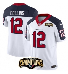 Men Houston Texans 12 Nico Collins White Navy 2023 F U S E  AFC South Champions Patch Limited Stitched Football Jersey