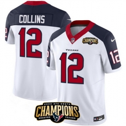 Men Houston Texans 12 Nico Collins White Navy 2023 F U S E  AFC South Champions Patch Limited Stitched Football Jersey
