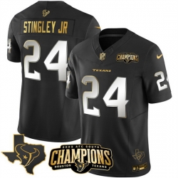 Men Houston Texans 24 Derek Stingley Jr  Black Golden 2023 F U S E  With AFC South Champions Patch And Team Logo Patch Limited Stitched Football Jersey