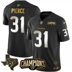 Men Houston Texans 31 Dameon Pierce Black Golden 2023 F U S E  With AFC South Champions Patch And Team Logo Patch Limited Stitched Football Jersey