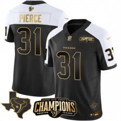 Men Houston Texans 31 Dameon Pierce Black White Golden 2023 F U S E  With AFC South Champions Patch And Team Logo Patch Limited Stitched Football Jersey