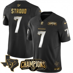 Men Houston Texans 7 C J  Stroud Black Golden 2023 F U S E  With AFC South Champions Patch And Team Logo Patch Limited Stitched Football Jersey