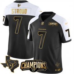 Men Houston Texans 7 C J  Stroud Black White Golden 2023 F U S E  With AFC South Champions Patch And Team Logo Patch Limited Stitched Football Jersey