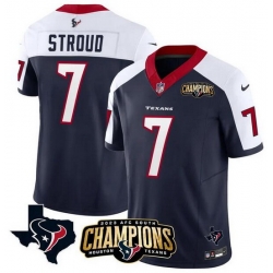 Men Houston Texans 7 C J  Stroud Navy White 2023 F U S E  AFC South Champions Patch And Team Logo Patch Vapor Untouchable Limited Stitched Football Jersey