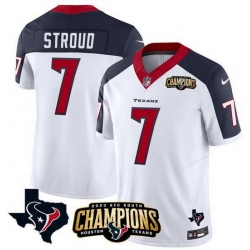 Men Houston Texans 7 C J  Stroud White Navy 2023 F U S E  AFC South Champions Patch And Team Logo Patch Vapor Untouchable Limited Stitched Football Jersey