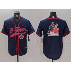 Men Houston Texans Team Big Logo Navy With Patch Cool Base Stitched Baseball Jersey 1