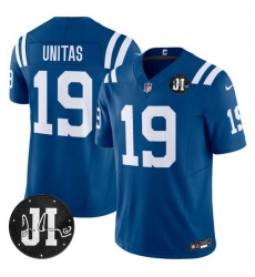 Men Indianapolis Colts 19 Johnny Unitas Blue 2025 F U S E  Jim Irsay Patch Vapor Limited Stitched Football Jersey