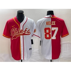 Men Kansas City Chiefs 87 Travis Kelce Red White Split Cool Base Stitched Baseball Jersey