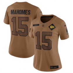Women Kansas City Chiefs 15 Patrick Mahomes 2023 Brown Salute To Service Limited Stitched Jersey  Run Small