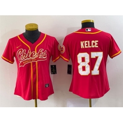 Women Kansas City Chiefs 87 Travis Kelce Red With Patch Cool Base Stitched Baseball Jersey  Run Small