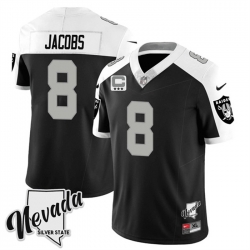 Men Las Vegas Raiders 8 Josh Jacobs Black White 2023 F U S E Nevada Silver Stat With 3 Star C Patch Stitched Football Jersey