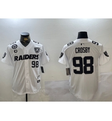 Men Las Vegas Raiders 98 Maxx Crosby White With Nevada Silver Stat Patch And 65th Anniversary Patch 3 Star C Patch Stitched Baseball Jersey 1