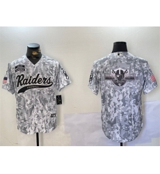 Men Las Vegas Raiders Team Big Logo 2024 Arctic Camo Salute To Service Stitched Baseball Jersey 1