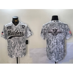 Men Las Vegas Raiders Team Big Logo 2024 Arctic Camo Salute To Service With 65th Anniversary Patch Stitched Baseball Jersey 1