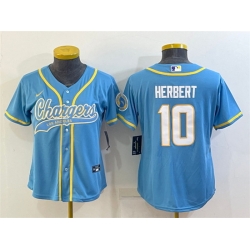 Women Los Angeles Chargers 10 Justin Herbert Blue With Patch Cool Base Stitched Baseball Jersey