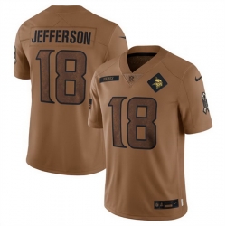 Men Minnesota Vikings 18 Justin Jefferson 2023 Brown Salute To Service Limited Stitched Jersey