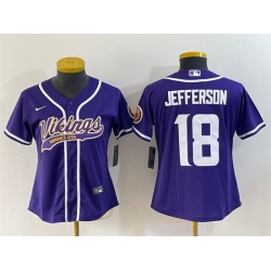 Women Minnesota Vikings 18 Justin Jefferson Purple With Patch Cool Base Stitched Baseball Jersey  Run Small