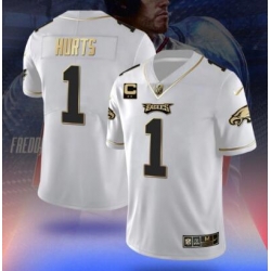 Men Philadelphia Eagles 1 Jalen Hurts White Gold Fashion Stitched Jersey