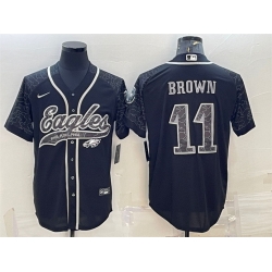 Men Philadelphia Eagles 11 A  J  Brown Black Reflective With Patch Cool Base Stitched Baseball Jersey