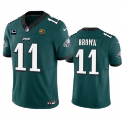 Men Philadelphia Eagles 11 A  J  Brown Green 2023 F U S E  With 1 Star C Patch And John Madden Patch Vapor Limited Stitched Football Jersey