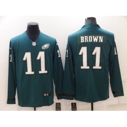 Men Philadelphia Eagles 11 A J Brown Green Therma Long Sleeve Stitched jersey