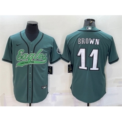 Men Philadelphia Eagles 11 A  J  Brown Green With Patch Cool Base Stitched Baseball Jersey