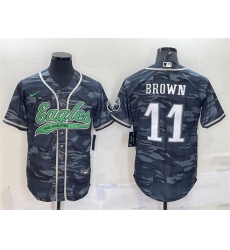 Men Philadelphia Eagles 11 A  J  Brown Grey Camo With Patch Cool Base Stitched Baseball Jersey
