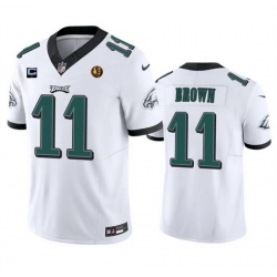 Men Philadelphia Eagles 11 A  J  Brown White 2023 F U S E  With 1 Star C Patch And John Madden Patch Vapor Limited Stitched Football Jersey