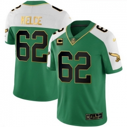 Men Philadelphia Eagles  62 Jason Kelce Kelly Green Alternate Gold With 4 Star C Patch Stitched Football Jersey