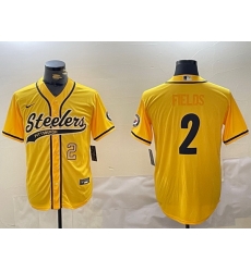 Men Pittsburgh Steelers 2 Justin Fields Yellow With Patch Cool Base Stitched Baseball Jersey 1