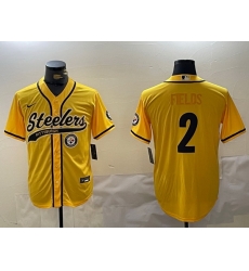 Men Pittsburgh Steelers 2 Justin Fields Yellow With Patch Cool Base Stitched Baseball Jersey 2