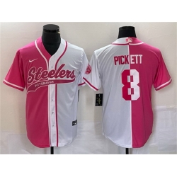 Men Pittsburgh Steelers 8 Kenny Pickett White Pink Split Cool Base Stitched Baseball Jersey
