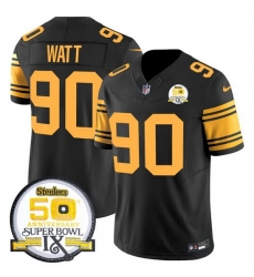 Men Pittsburgh Steelers 90 T J Watt Black 2024 F U S E 50th Anniversary Of Super Bowl IX Color Rush Limited Stitched Jersey