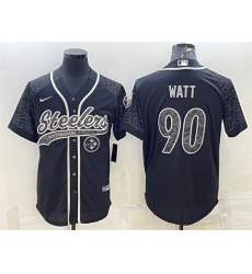 Men Pittsburgh Steelers 90 T J  Watt Black Reflective With Patch Cool Base Stitched Baseball Jersey