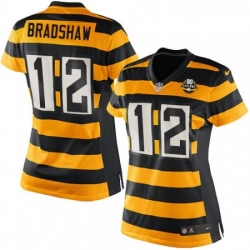 Womens Nike Pittsburgh Steelers 12 Terry Bradshaw Limited YellowBlack Alternate 80TH Anniversary Throwback NFL Jersey