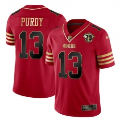 Men San Francisco 49ers 13 Brock Purdy Red Gold With 75th Patch Cool Base Stitched Jersey