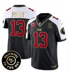 Men San Francisco 49ers 13 Brock Purdy White Balck 2023 F U S E  With 1 Star C Patch And Faithful To The Bay Patch Stitched Football Jersey