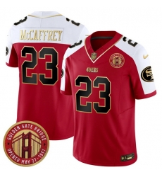 Men San Francisco 49ers 23 Christian McCaffrey Red F U S E  Golden Gate Bridge Patch Alternate Vapor Limited Stitched Football Jersey