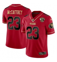 Men San Francisco 49ers 23 Christian McCaffrey Red Gold 75 Anniversary Patch Limited Stitched Football Jersey