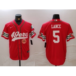 Men San Francisco 49ers 5 Trey Lance Red With Patch Cool Base Stitched Baseball Jersey 3