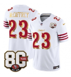 Men San Francisco 49ers  Christian McCaffrey White Gold 80th Anniversary Patch  Rivalries  2026 F U S E  Vapor Untouchabl Limited Stitched Football Jersey