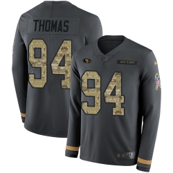 Nike 49ers 94 Solomon Thomas Anthracite Salute to Service Men s Stitched NFL Limited Therma Long Sleeve Jersey