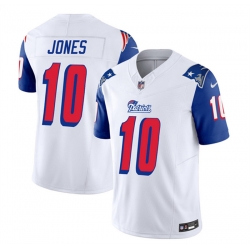 Men New England Patriots 10 Mac Jones White Blue 2023 F U S E  Throwback Limited Stitched Football Jersey