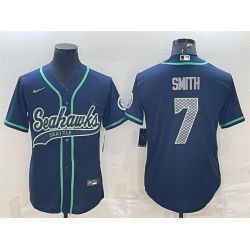 Men Seattle Seahawks 7 Geno Smith Navy With Patch Cool Base Stitched Baseball Jersey