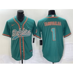 Men Miami Dolphins 1 Tua Tagovailoa Aqua Cool Base Stitched Baseball Jersey